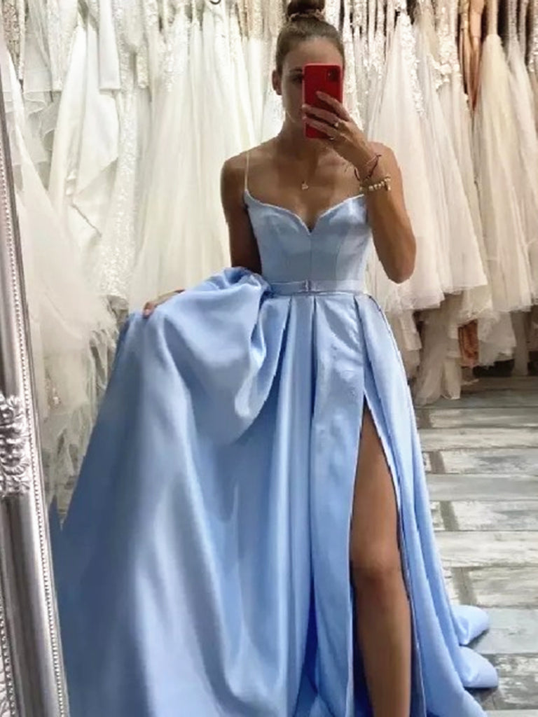 Sweetheart Neck Light Blue Satin Prom ...